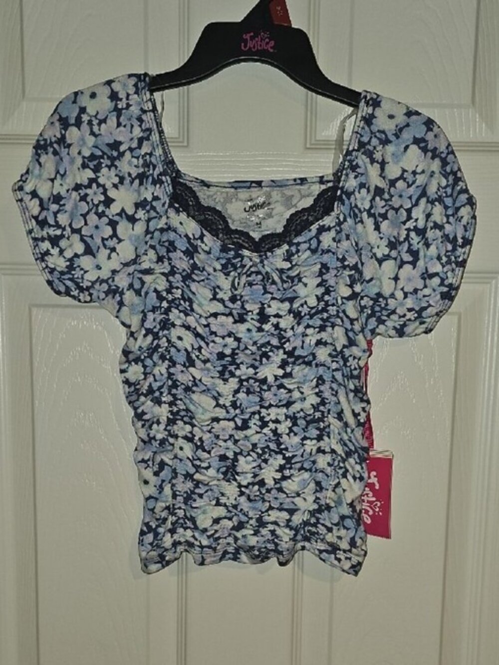 Justice Girls Med 10 Navy, White Floral Short Puff Sleeves Ruched Crop Top New